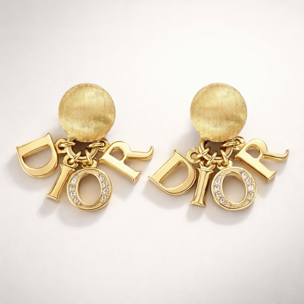 Dior VTG 90s D-I-O-R logo letter charm clip earrings, gold plated/crystals, EUC